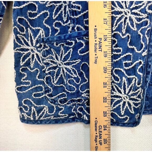 Chicos Embroidered Linen Jacket Size 1 Blue 100% Linen Floral Design - Picture 4 of 9